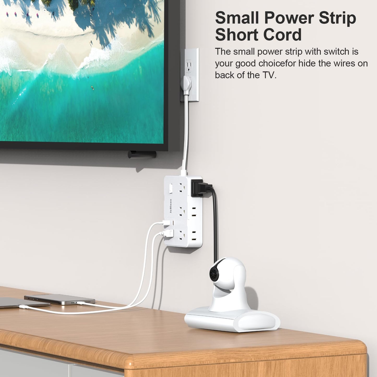 Flat Plug Power Strip Surge Protector, 5ft Ultra Thin Extension Cord with 4 USB Wall Charger(2 USB C Port), 6 Widely-Spaced Outlets Power Strip Compact for Travel, Office, Dorm Room Essentials (White)