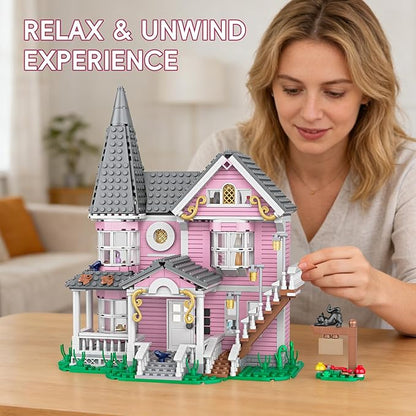 Pink Palace Apartment Building Set Halloween Haunted House Blocks Detailed Castle House Model with Classic European Style Detailed Interior