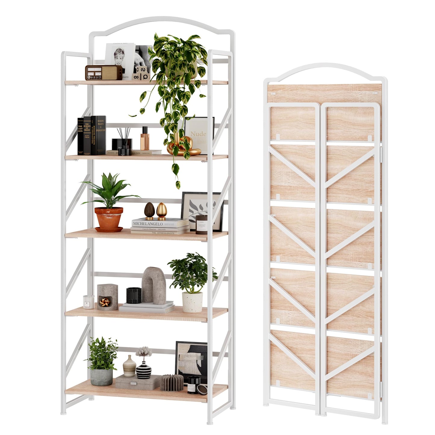 BHG No Assembly Folding Bookshelf for Living Room,Semicircle Collapsible Book Shelf for Home Office, Portable Bookcase Storage Organizer Rack Shelves