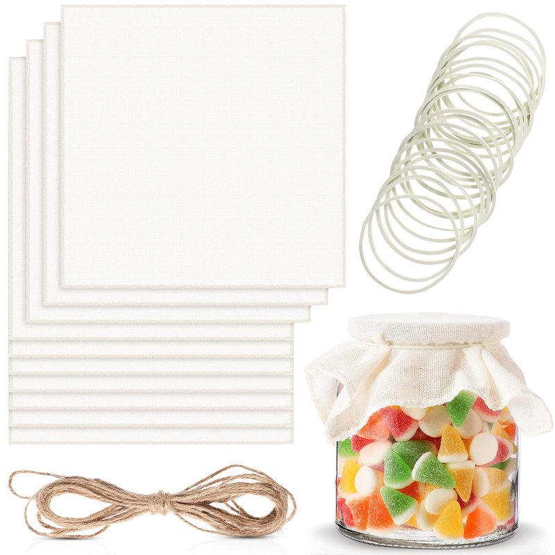 Tatuo 20 Pieces Unbleached Muslin Jar Cloth Covers Kombucha Fermentation Breathe Muslin 8 Inch Square Covers with 20 Rubber Bands and 5 Meters Jute Rope for Bottle Jar