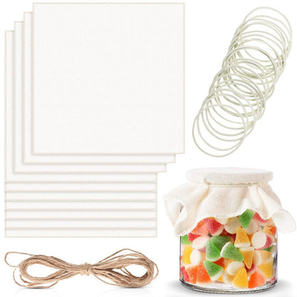 Tatuo 20 Pieces Unbleached Muslin Jar Cloth Covers Kombucha Fermentation Breathe Muslin 8 Inch Square Covers with 20 Rubber Bands and 5 Meters Jute Rope for Bottle Jar