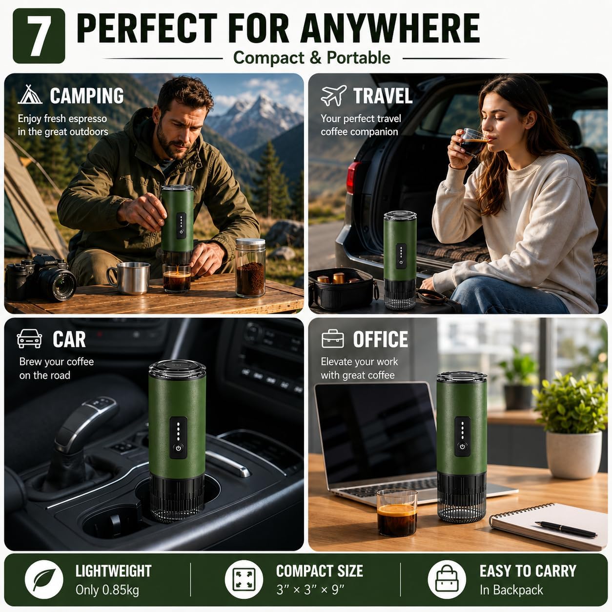 3-in-1 Portable Espresso Machine, Self-Heating Coffee Maker with 20 Bar Pressure, Compatible with Ground Coffee & NS/DG Style Capsules, 7500mAh Battery, USB-C Fast Charging for Travel, Camping & Car