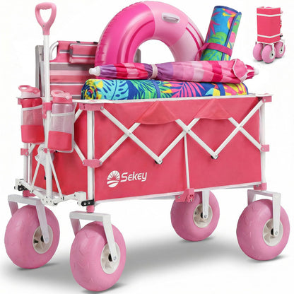 Sekey Heavy Duty Beach Wagon with 9" Big Sand-Proof Wheels – 600lb Capacity, 200L Oversized Foldable Cart | Adjustable Handle & All-Terrain Tires for Sand, Camping, Groceries