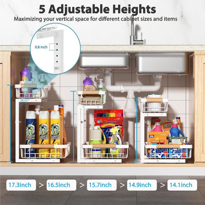 Liuoud Under Sink Organizer - 2 Pack Adjustable 2-Tier Storage Solution for Kitchen & Bathroom Cabinets, White