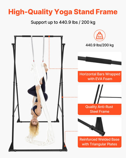 VEVOR Yoga Stand Frame, Max 440.9 lbs Load Swing Stand, Triangular Structure Aerial Rig, Aerial Silk Stands with EVA Foam & 6.6-Yard Yoga Hammock, 4-Level Horizontal & 6-Level Vertical Adjustment