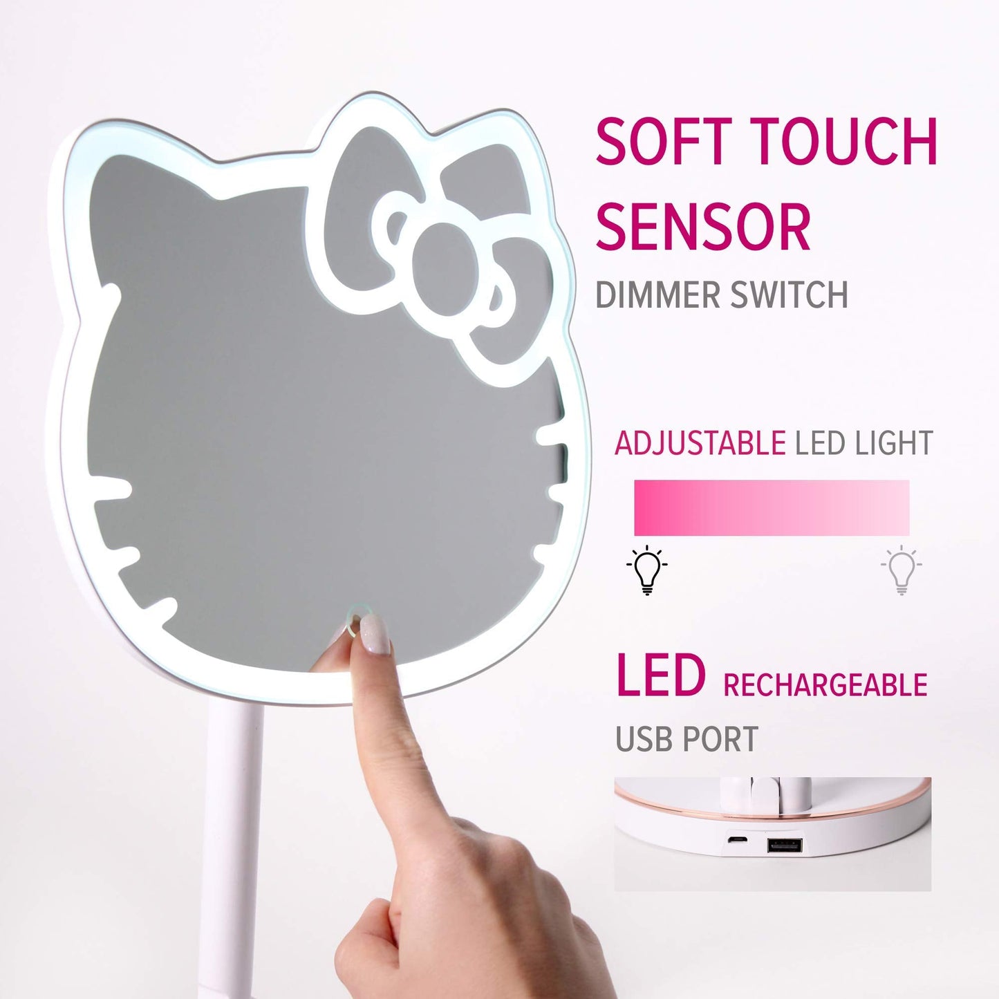 Impressions Vanity Hello Kitty Tabletop Mount LED Cordless Makeup Mirror with 360 Degree Rotation, Touch Sensor Desk Mirror with Light Strip and Adjustable Brightness