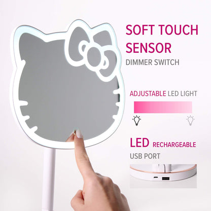Impressions Vanity Hello Kitty Tabletop Mount LED Cordless Makeup Mirror with 360 Degree Rotation, Touch Sensor Desk Mirror with Light Strip and Adjustable Brightness