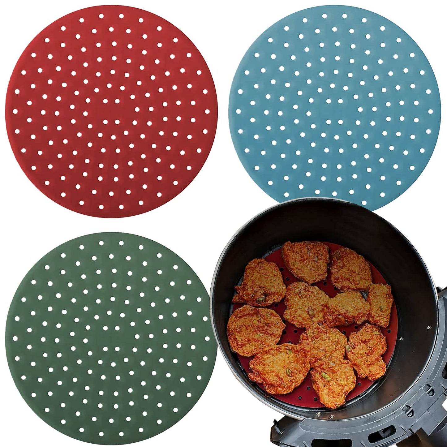 Reusable Square Silicone Air Fryer Liners (8.5 Inch, 3 Pack) by Linda’s Essentials - Non-Stick, Easy-Clean Accessories with Cheat Sheet & Recipe Book, Perfect for Quick Meals