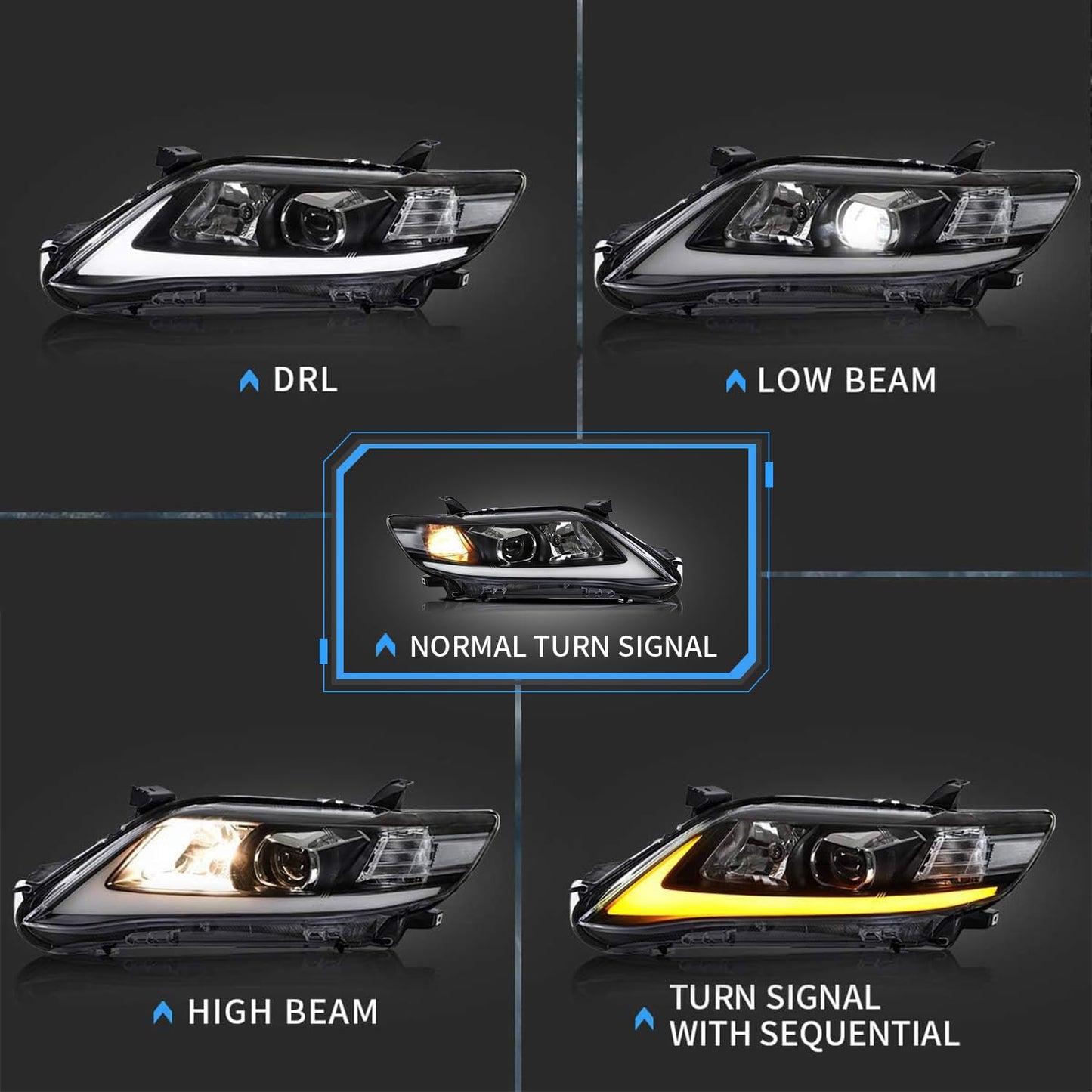 VLAND Led Front Lamps Compatible with 2010-2011 Camry Base, LE, SE and XLE(US Version) w/Sequential w/1141 Bulb w/H7 Bulbs