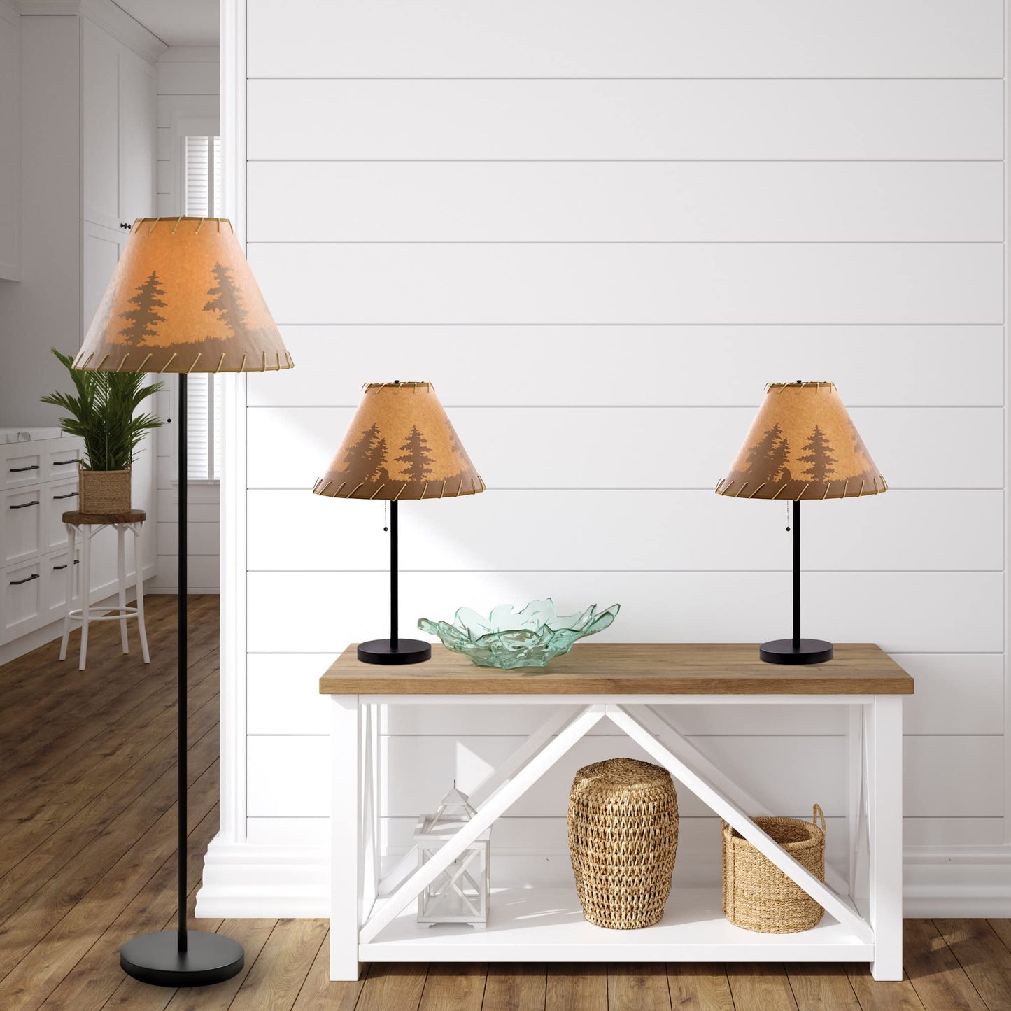 Catalina Lighting Rustic Cabin Lodge 3-Piece Table & Floor Lamp Set, LED Bulb NOT Included, 58", Forest Print, Set of 3