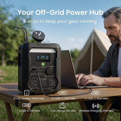 GEYOTO N300 Portable Power Station, 256Wh LifePO4 Battery,300W AC Outlets (500W P-Boost), 25W Wireless Charging, <10ms UPS Solar Generator for Camping Travel