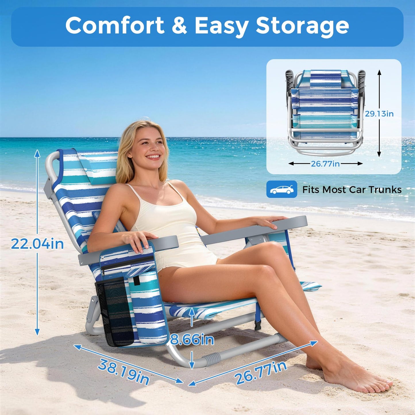 5-Position Backpack Beach Chair for Adults with Lumbar, Foldable Tall Heavy-Duty Beach Chairs with Cooler Bag,Cup Holder,Towel Rack for Beach, Camping, Outdoor (2, Blue&White)