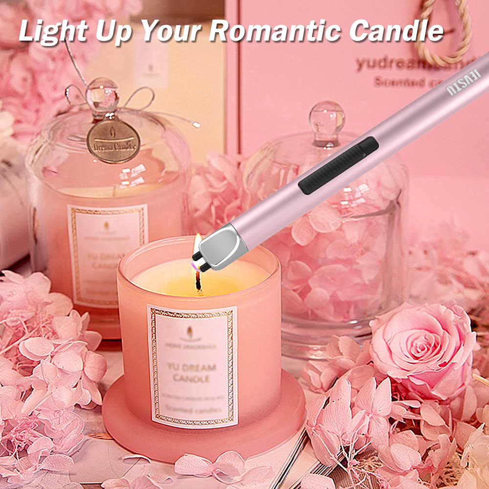 Electric Candle Lighter - Rechargeable USB Arc Windproof Flameless Plasma Lighter With Long Stick, Rope and Ring - No Butane Fluid - Perfect for BBQ, Camping, Kitchen Stove - Pink
