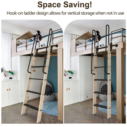 LKCBITION 60inch Knotty Pine Wood Library Ladder with Black Metal Step and Handle, Includes 24inch Rustic Black Wall Mount Pipe Railing with Hooks(Suitable Installation Height 58-3/4")