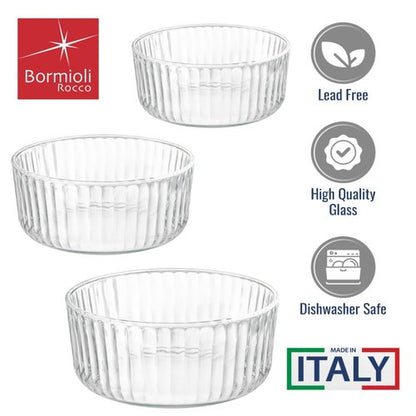 Bormioli Rocco Exclusiva Glass Bowl Set of 3 – 7", 6", 4.75" Stackable Serving Bowls for Snacks, Chips, Dips & Salads – Decorative 3-Size Clear Tableware Collection, Dishwasher Safe, Light-Reflective