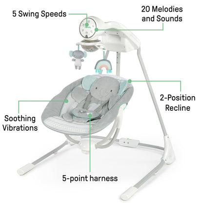 Ingenuity InLighten 5-Speed Baby Swing - Swivel Infant Seat, 5 Point Safety Harness, Nature Sounds, Lights - Van Elephant