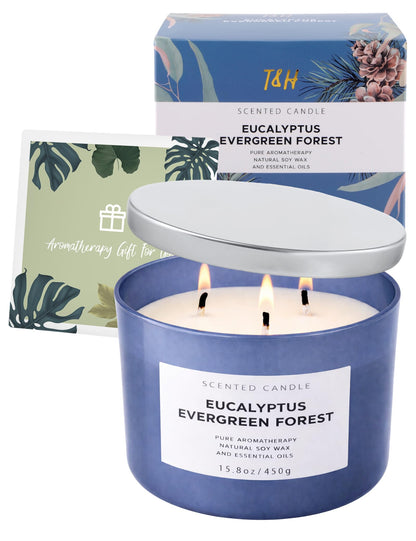 Eucalyptus Evergreen Forest 3-Wick Soy Candle | 15.8 oz Large Scented Candle for Home | Clean Burn Long Lasting | Balsam Fir Fresh Forest Scent | Gift Ready
