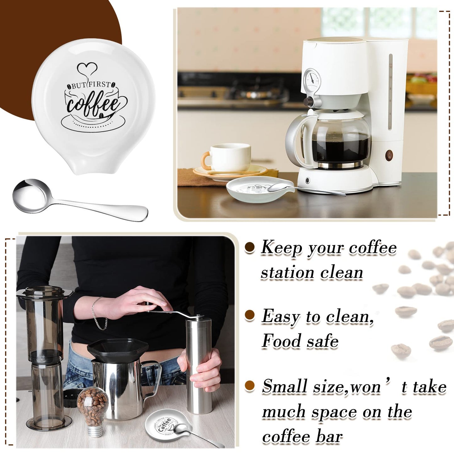 Gandeer 4 Pieces Coffee Spoon Rest and Teaspoon Funny Quote Ceramic Spoon Holder Rests for Station Decor Stove Top Countertop Kitchen Accessories Nice Present for Coffee Lovers