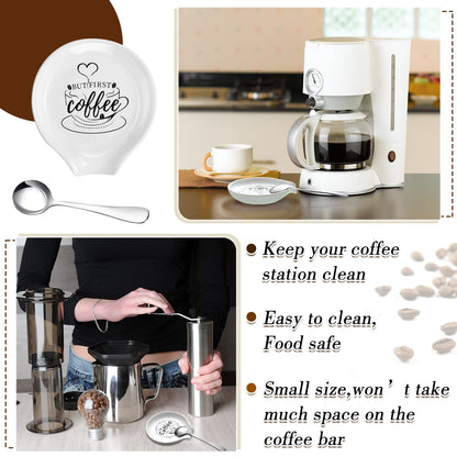 Gandeer 4 Pieces Coffee Spoon Rest and Teaspoon Funny Quote Ceramic Spoon Holder Rests for Station Decor Stove Top Countertop Kitchen Accessories Nice Present for Coffee Lovers