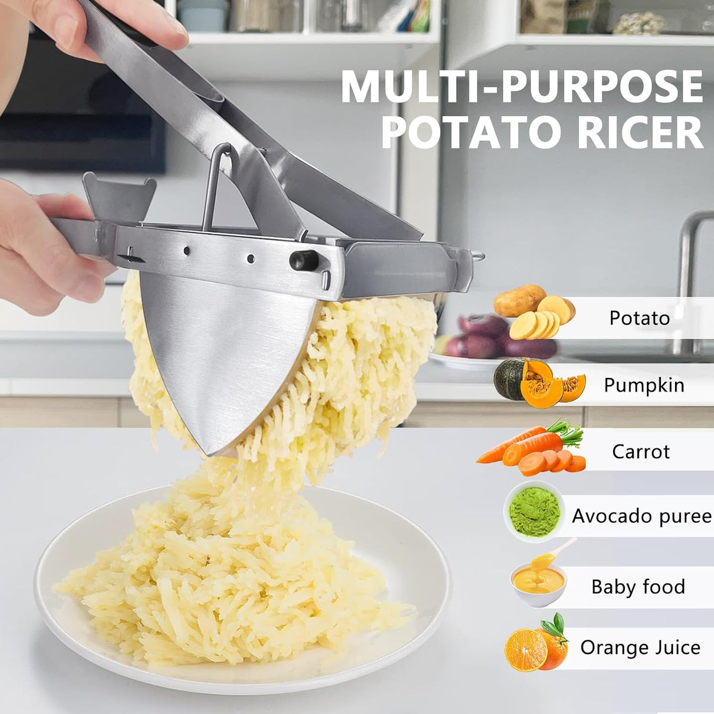 LHS Stainless Steel Potato Ricer - Heavy Duty Masher with Ergonomic Grip | Extra Large Capacity, Dishwasher Safe (Black)