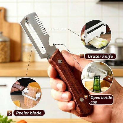 Skiennix Multifunctional Vegetable Peeler - 3-in-1 Kitchen Gadget with Wooden Handle & Grater | 2-Pack