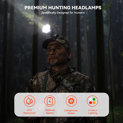 GearOZ 10W Coon Hunting Lights, 45000LUX Hunting Headlamp for Coyotes Hog Predators, Rechargeable & Waterproof, 6 Lighting Modes, 4 Powerful LEDs (White Red Green Amber) for Night Working