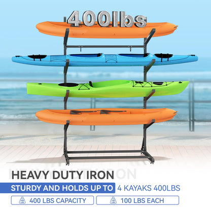RDCMKL Freestanding Kayak Storage Rack, Heavy Duty Adjustable Stand for Kayaks, SUPs, Paddleboards, Canoes, Weatherproof, Indoor Outdoor, 400 LBS Capacity (4 Levels)