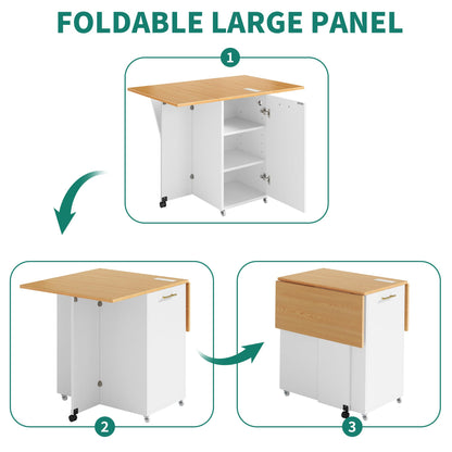 YITAHOME Folding Kitchen Table with Power Outlet, Drop Leaf Kitchen Table Islands for 2 on Wheels, Convertible Trash Can Storage Cabinet for 10 Gallon Garbage Bin, Adjustable Storage Racks, Wihte Oak