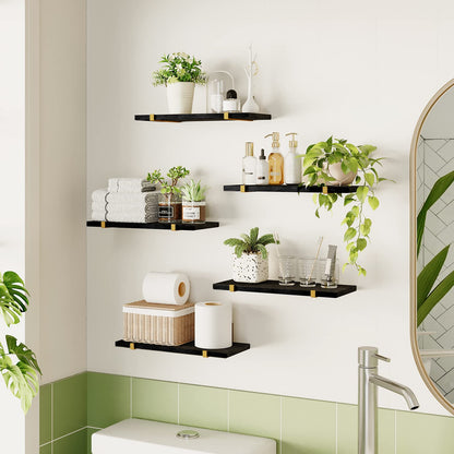 Fixwal Floating Black Gold Shelves Set of 5, Width 4.7 Inches, Rustic Wood Wall Storage Shelves for Bedroom, Living Room, Kitchen, Bathroom, Home Decor, Laundry Room, Office and Plants