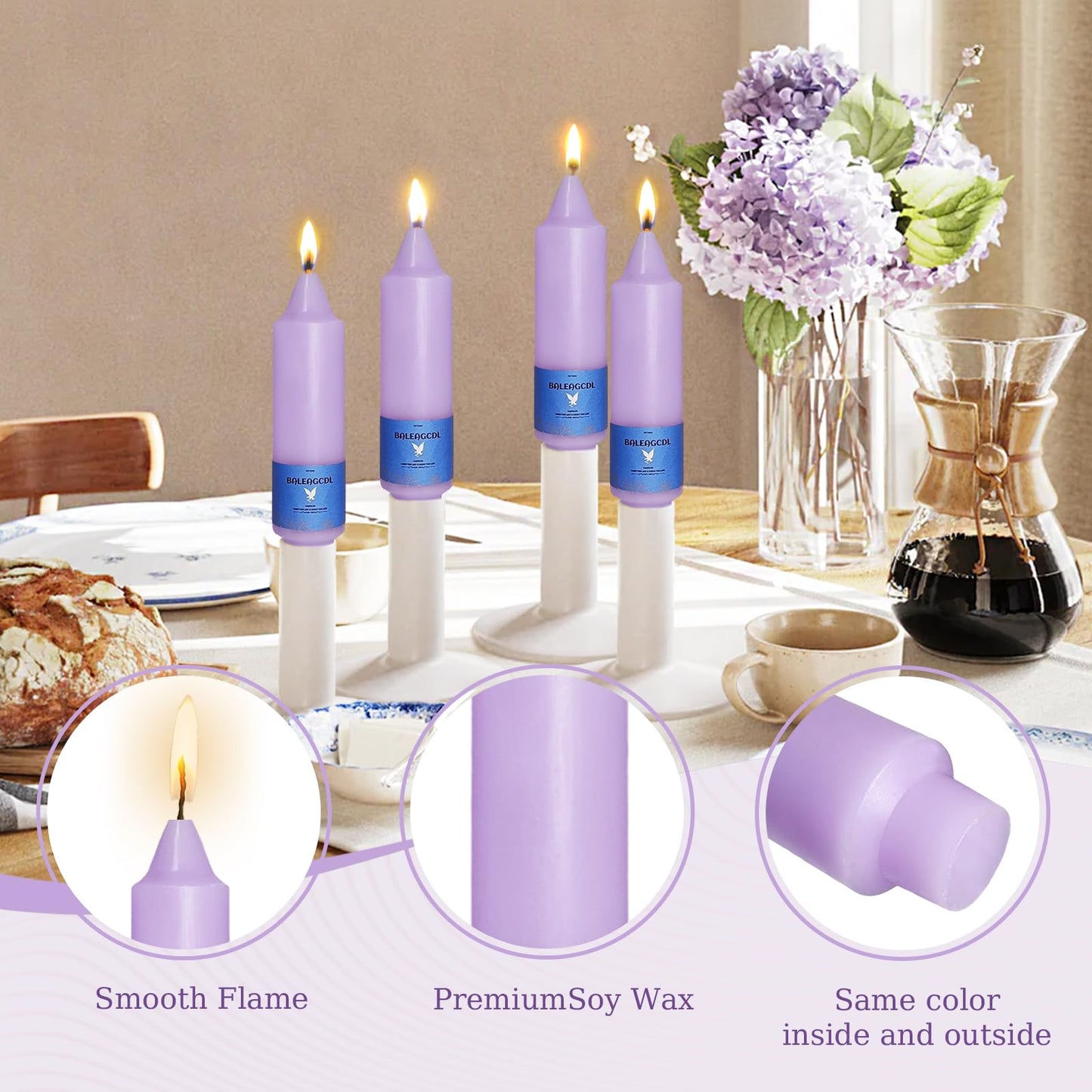 Smokeless Candlesticks Short Taper Candle,Unscented 5 Inches Purple Candle Sticks Dripless Tapered Candles for Home Décor Weddings Seasons Gifts