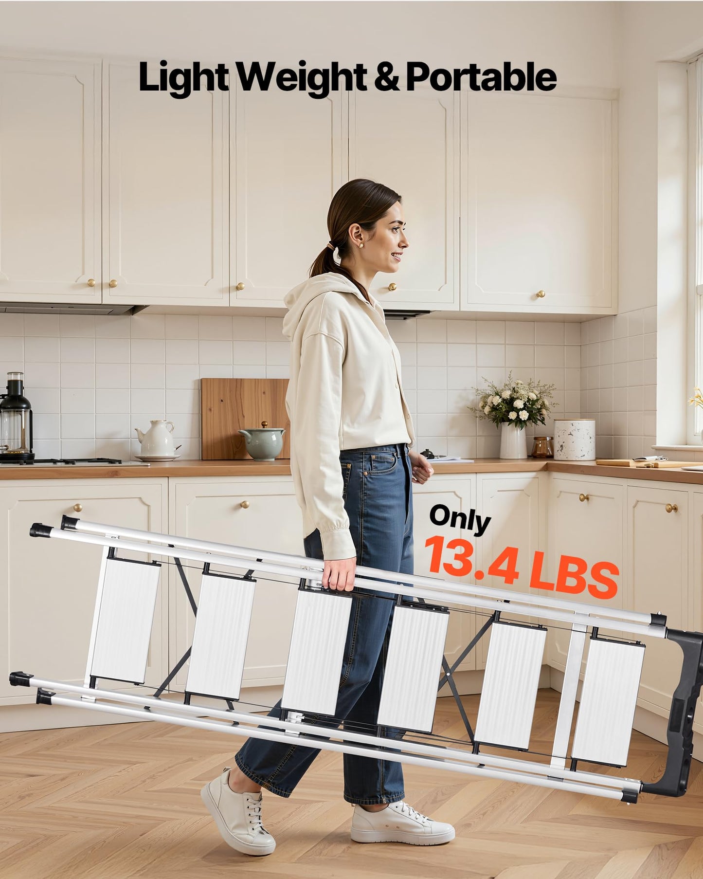 VEVOR 6 Step Ladder, Folding Step Stool with Wide Anti-Slip Pedal and Comfort Handgrip, 330 lbs Capacity Portable Aluminum Stepladder, Multi-Use for Kitchen, Warehouse, Household and Office, Silver