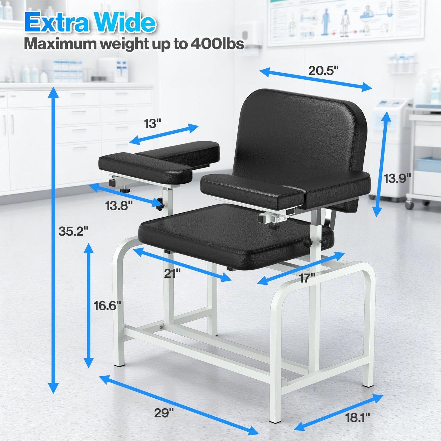 Levida Extra Large Padded Phlebotomy Chair with Adjustable Armrest and Steel Frame - Extra Large PU Leather Blood Drawing Chair for Hospital, Lab, and Medical Facilities (Black)