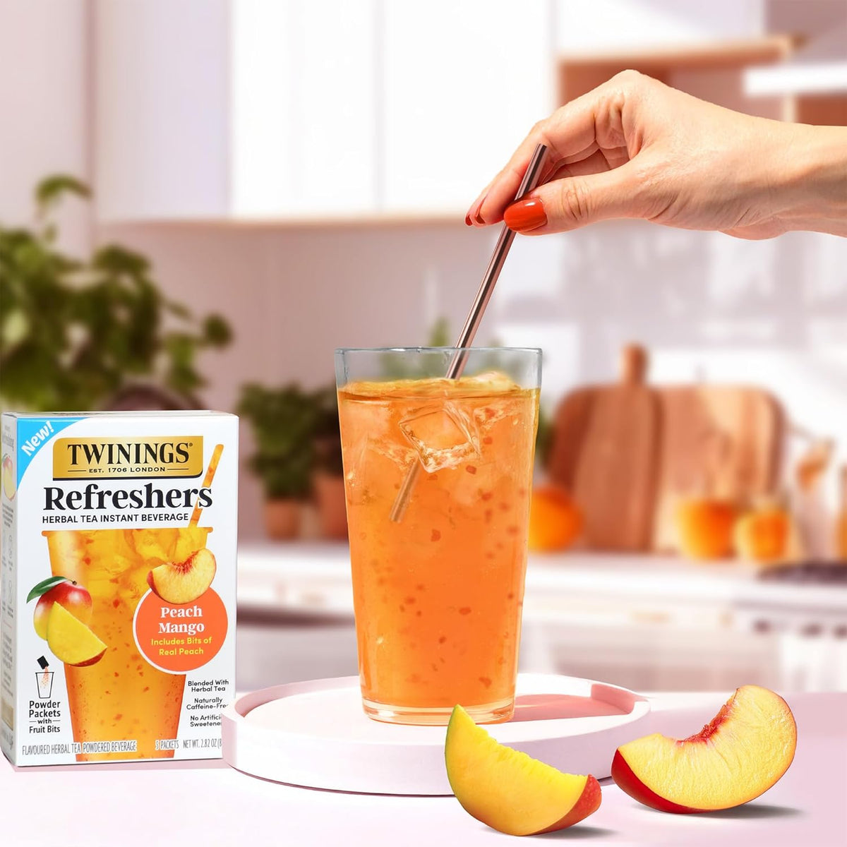 Twinings Peach Mango Herbal Tea | Instant Beverage with Real Fruit Bits | 30 Packets, Caffeine-Free Refreshment