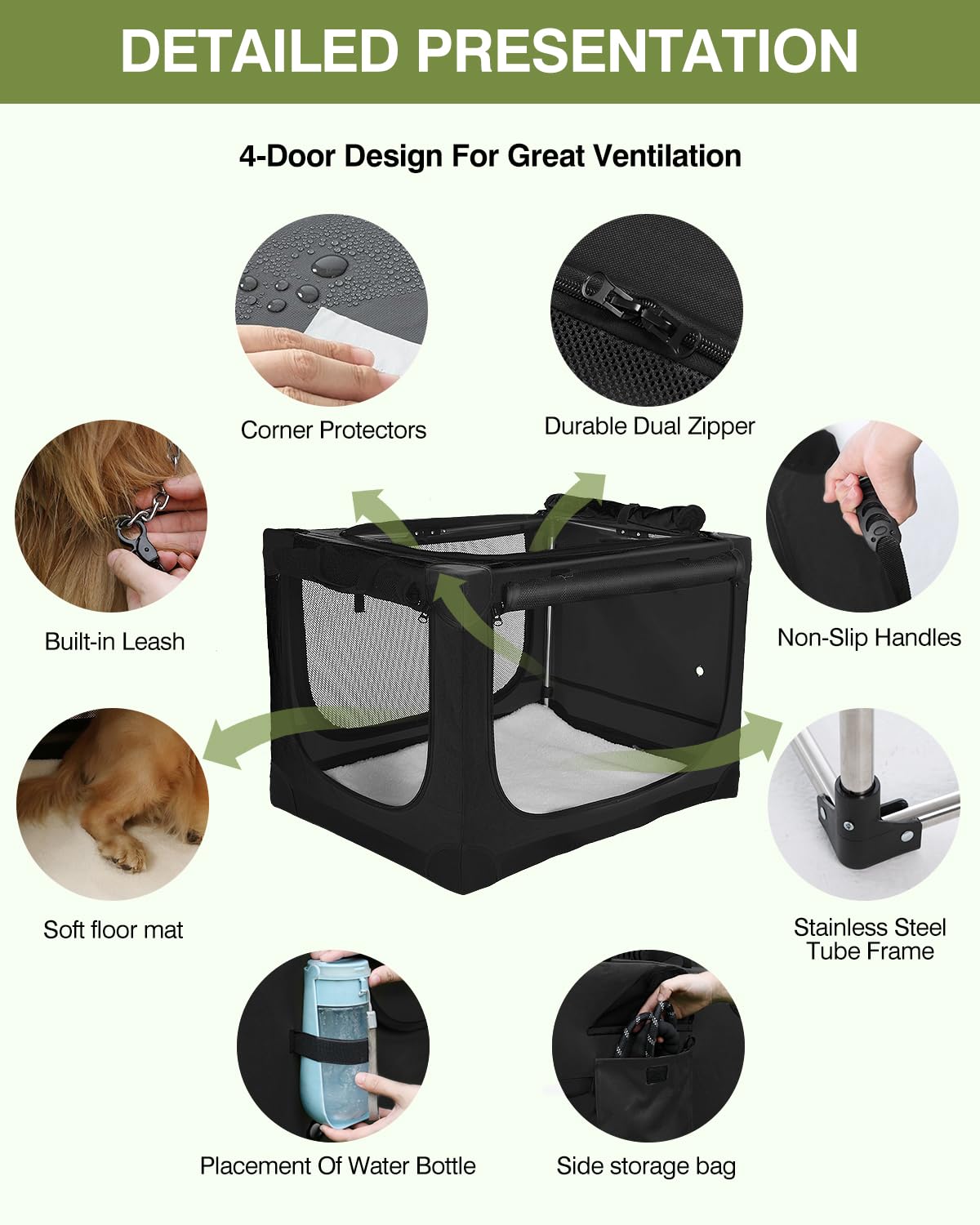 33 x 25 x 25 Inch Collapsible Soft Dog Crate for Dogs Up to 70 lbs, Portable Travel Pet Kennel with 4 Zip Doors, Foldable Indoor Outdoor Crate with Mat, Carry Bag, Black