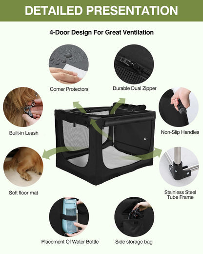 33 x 25 x 25 Inch Collapsible Soft Dog Crate for Dogs Up to 70 lbs, Portable Travel Pet Kennel with 4 Zip Doors, Foldable Indoor Outdoor Crate with Mat, Carry Bag, Black