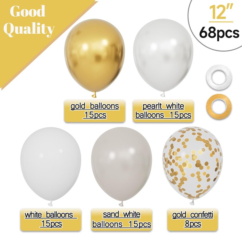 68Pcs Sand White Gold Confetti Balloons Kit 12 Inch Ballons Beige Pearl White Balloon Gold Party Balloons with Ribbons for Birthday Wedding engagement Baby Shower Graduation Decorations.
