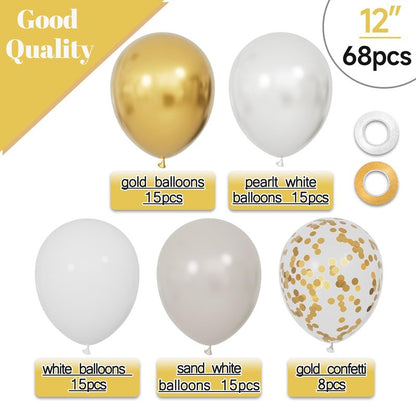 68Pcs Sand White Gold Confetti Balloons Kit 12 Inch Ballons Beige Pearl White Balloon Gold Party Balloons with Ribbons for Birthday Wedding engagement Baby Shower Graduation Decorations.