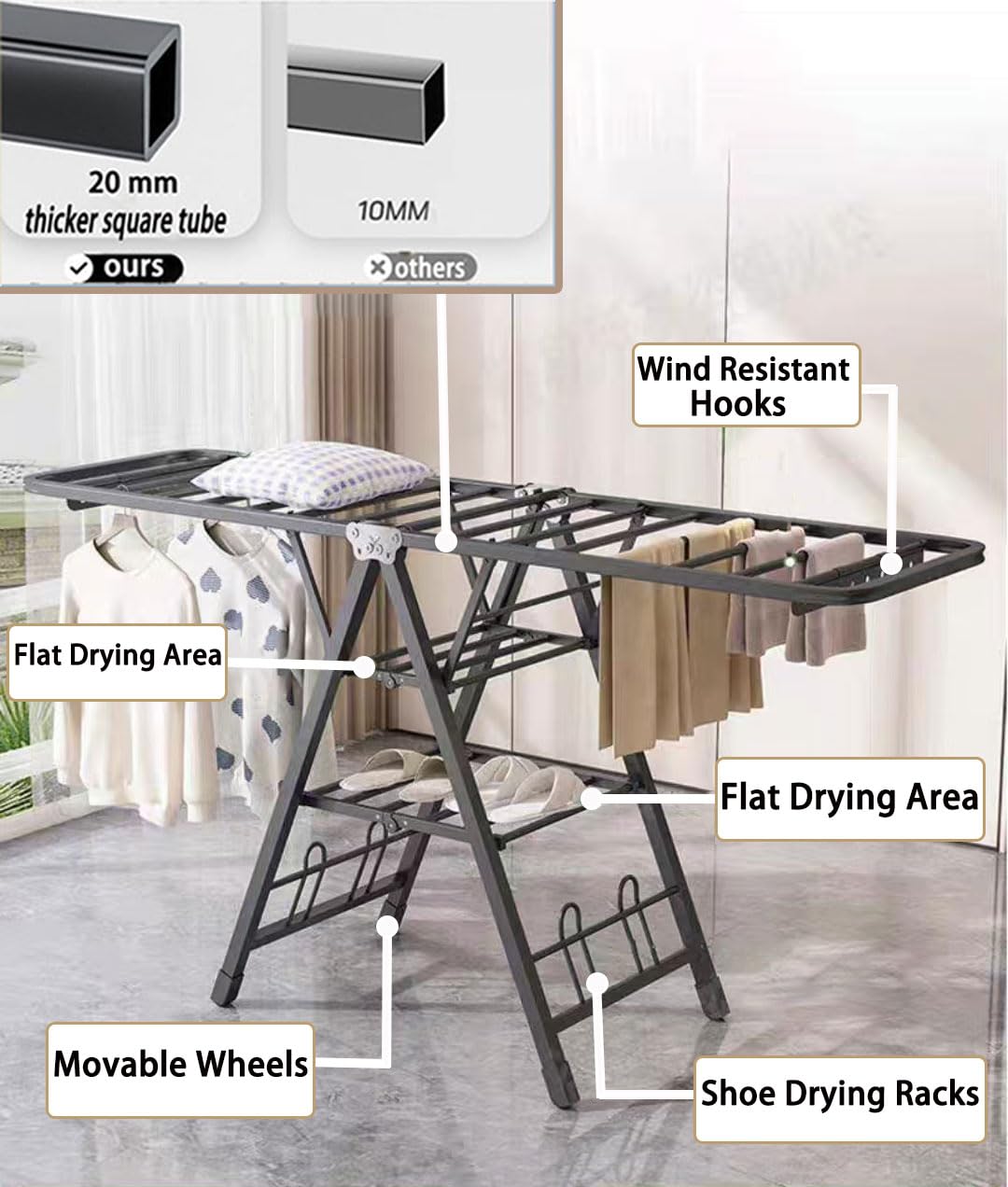 Mimiblack Clothes Airer Drying Rack Foldable with Wheels for Clothing&Bedding&Towels,Sturdy Laundry Dryer Stand for Indoor & Outdoor Use 70.8" L×17.7" W, Gray