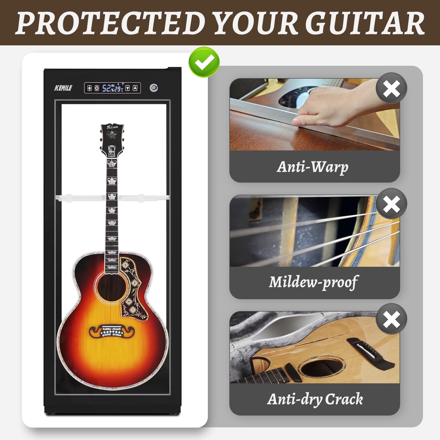 Guitar Display Case with Humidification & Constant Temperature, Smart Touch Control & Fingerprint Lock, Adjustable Racks for 3 Acoustic/4 Electric,GuitarsTransparent Cabinet (Four-sided glass)