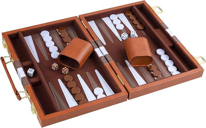Backgammon Set 2 Players Classic Backgammon Sets for Adults Board Game with PU Leather Case Portable and Travel Backgammon Set (Brown 15inch)