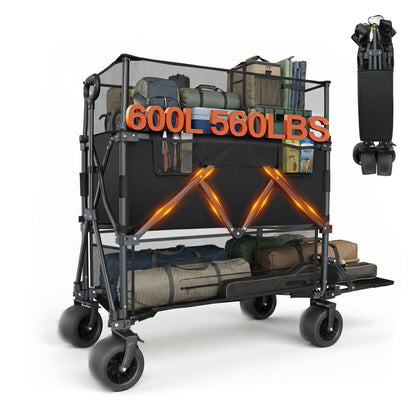 Double Decker Wagon with Retractable Mesh & Tailgate - 560Lbs Load Heavy Duty Foldable Collapsible Wagon Cart with Wheels for Camping, Beach, Groceries, Sports (Black)