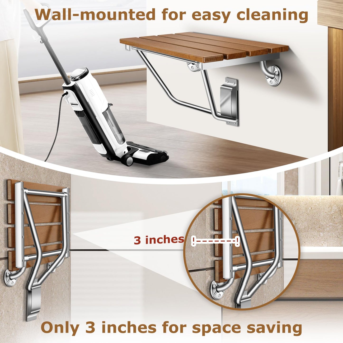 28" Wall Mounted Folding Shower Seat with Stainless Steel Bracket, Structural Stability, 500 lb Capacity, Space-Saving, Teak Shower Bench for Elderly, Disabled, Pregnant Women, Kids