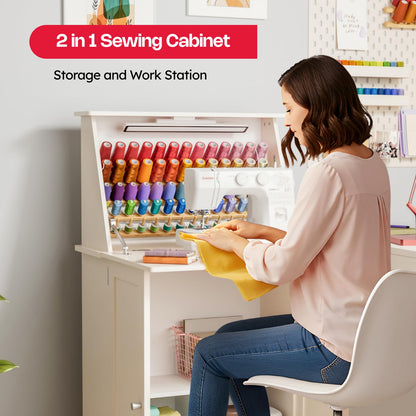 Crafit Sewing Table, Sewing Machine Desk with Under Cabinet Lights, Charging Station, 65 Spools Thread Rack Multipurpose Craft Storage Workspace Tables with Organizer Shelves, Compact Design