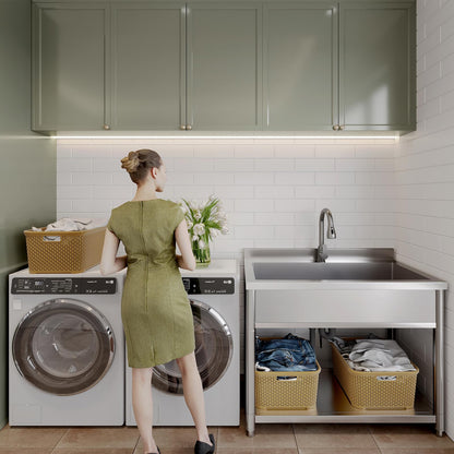 Stainless Steel Utility Sink, Large Freestanding Laundry Sink with Pull-out Faucet for Kitchen, Bathroom, Laundry Room, Garage, Outdoor/Indoor Use, Pet Cleaning, D21.65 x W35.43 x H36.61 inch