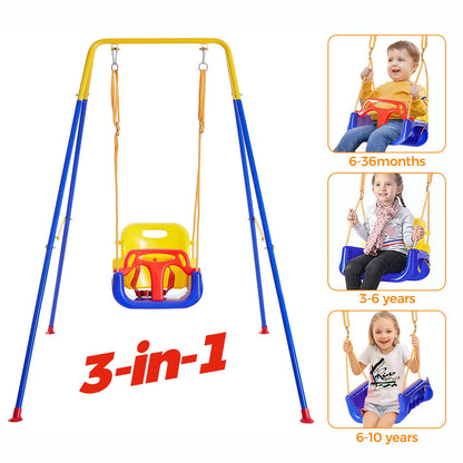 FUNLIO Toddler Swing with Foldable Metal Stand for Toddlers Aged 1~10 Years, 3-in-1 Baby Swing Set with 4 Sandbags for Backyard/Indoor/Outdoor Play, Easy to Assemble & Store