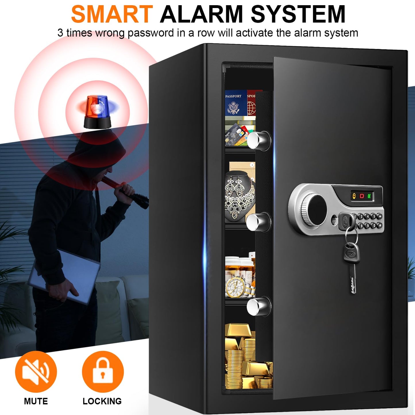 5.2 Cuft Large Fire Safes for Home, Security Safe Box Fireproof Waterproof with Digital Keypad, Key Lock and 3 Removable Shelves, Anti-Theft Fireproof Safe for Document Money Valuables