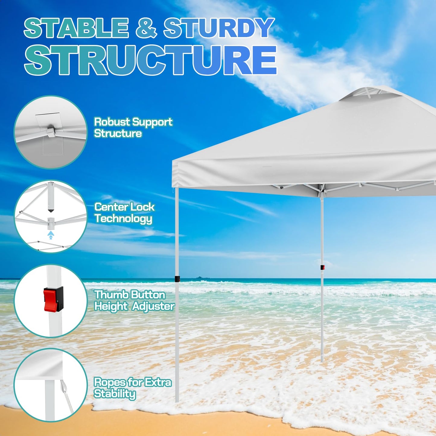 UEAKPIC 10x10 Pop Up Canopy with Sidewall, Instant Portable Outdoor Tent, UPF 50+, Waterproof, Adjustable White Sun Shelter with Vented Roof for Party, 1 Wheel Bag, 8 Stakes, 4 Ropes, 4 Sandbags