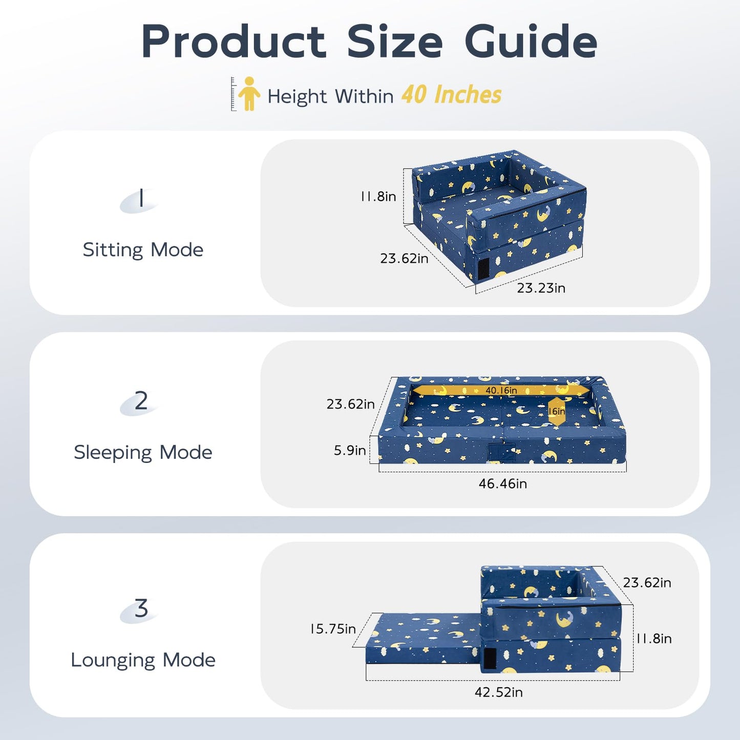 FRUITEAM Portable 3-in-1 Toddler Travel Bed, Soft Fabric & High-Density Foam, Easy-Clean Machine Washable Cover with Moon Star Cloud Print for Camping & Indoor/Outdoor Use - Blue