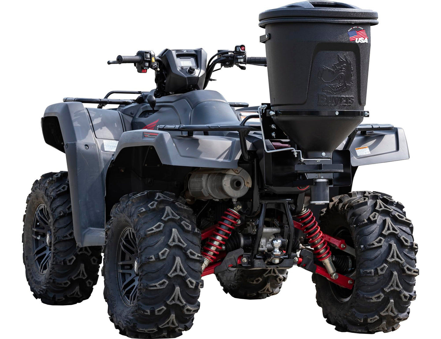 Buyers Products ATVS15A ATV All-Purpose Broadcast Spreader, 15-Gallon Hopper for Seed, Fertilizer, Rock Salt, Deer Feed, and More, Vertical Mount with 12V Motor, 30-Foot Spread Width