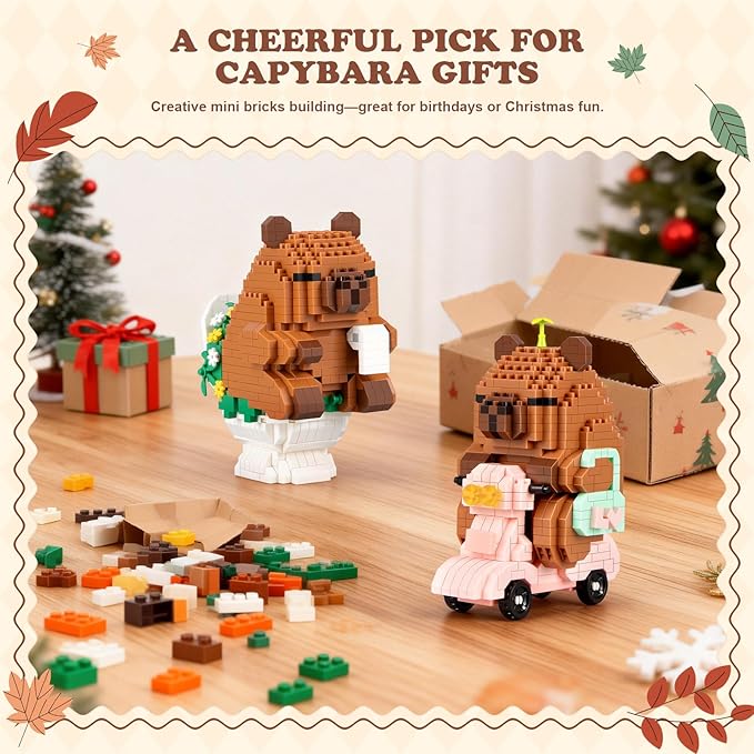 Capybara Building Sets Easter Micro Mini Capybara Models with Motorcycle and Bathroom Scene Funny Animal Desk Decor Gift Christmas Birthday Ages 14+